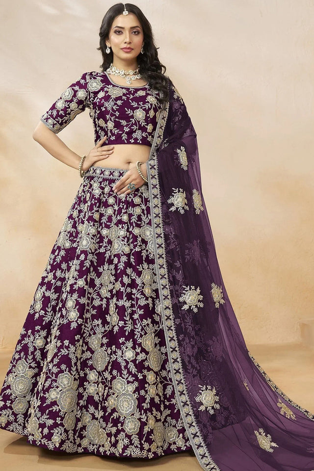 Violet Sequin with Floral Embroidered Georgette Lehenga
