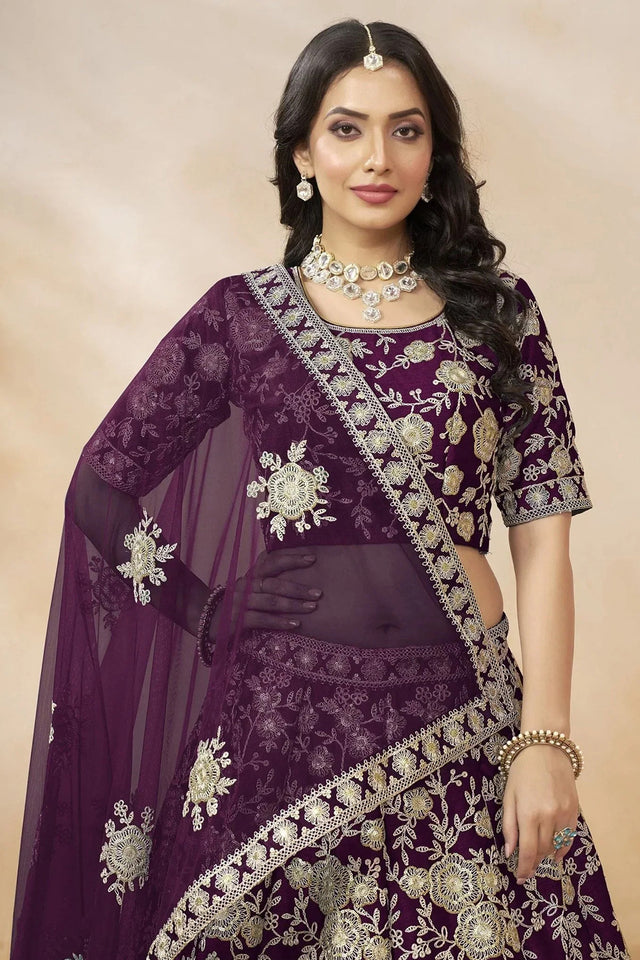 Violet Sequin with Floral Embroidered Georgette Lehenga