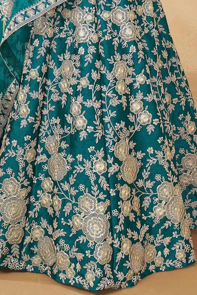 Green Sequin with Floral Embroidered Georgette Lehenga