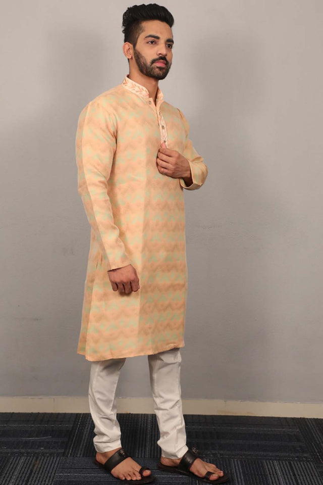 Yellow Geometric Silk Men's Kurta Set