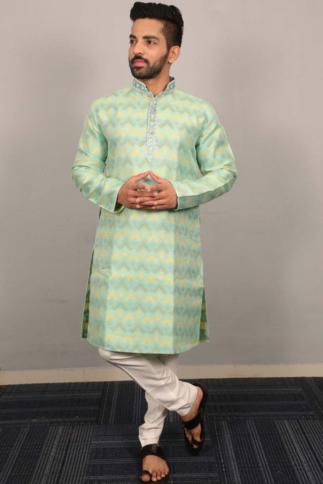 Green Geometric Silk Men's Kurta Set