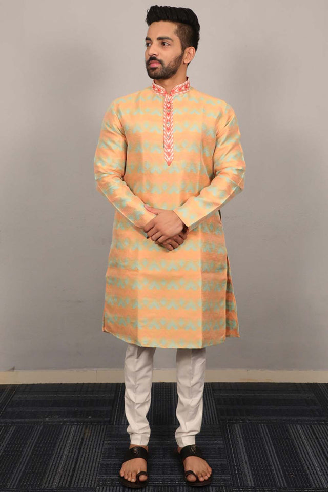 Yellow Geometric Silk Men's Kurta Set