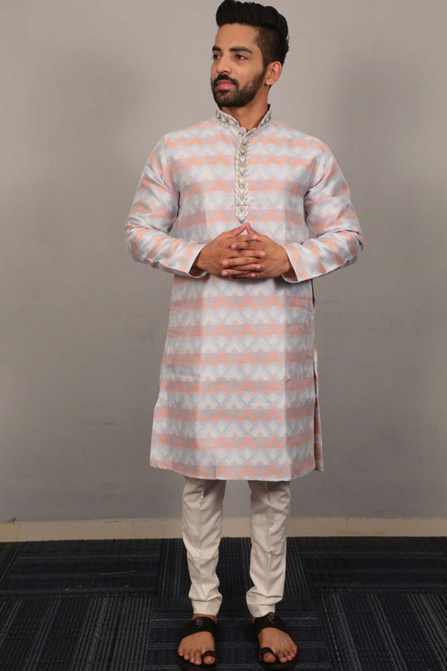 Blue Geometric Silk Men's Kurta Set