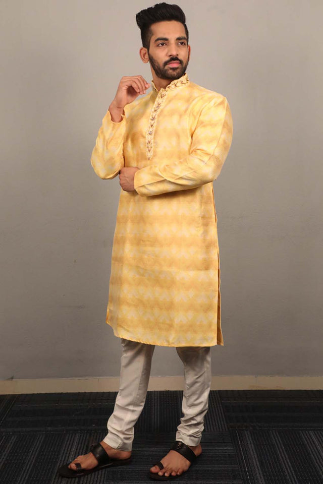 Yellow Geometric Silk Men's Kurta Set