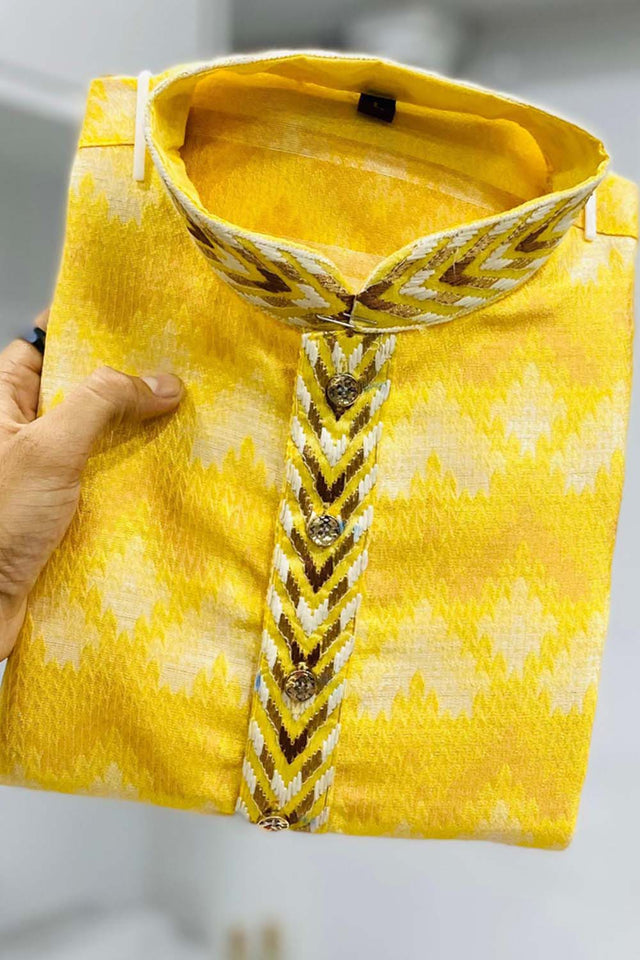 Yellow Geometric Silk Men's Kurta Set