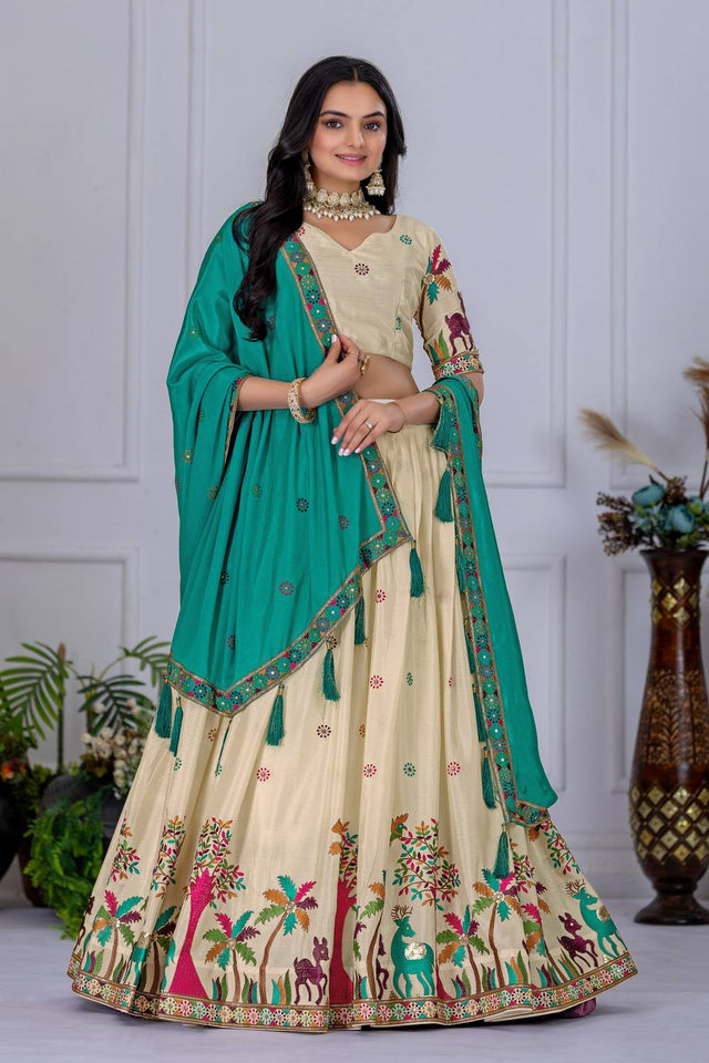 Off White Floral Embroidered Chinon Silk Lehenga
