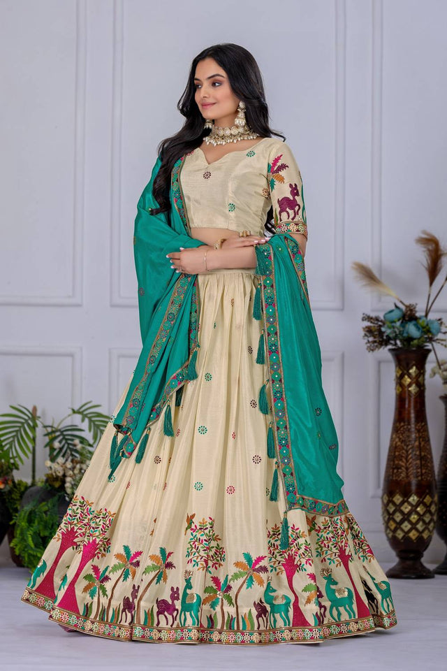 Off White Floral Embroidered Chinon Silk Lehenga