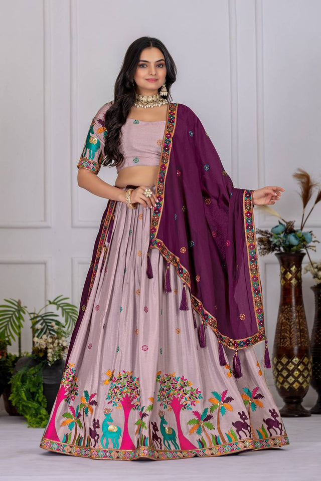 Lavender Floral Embroidered Chinon Silk Lehenga