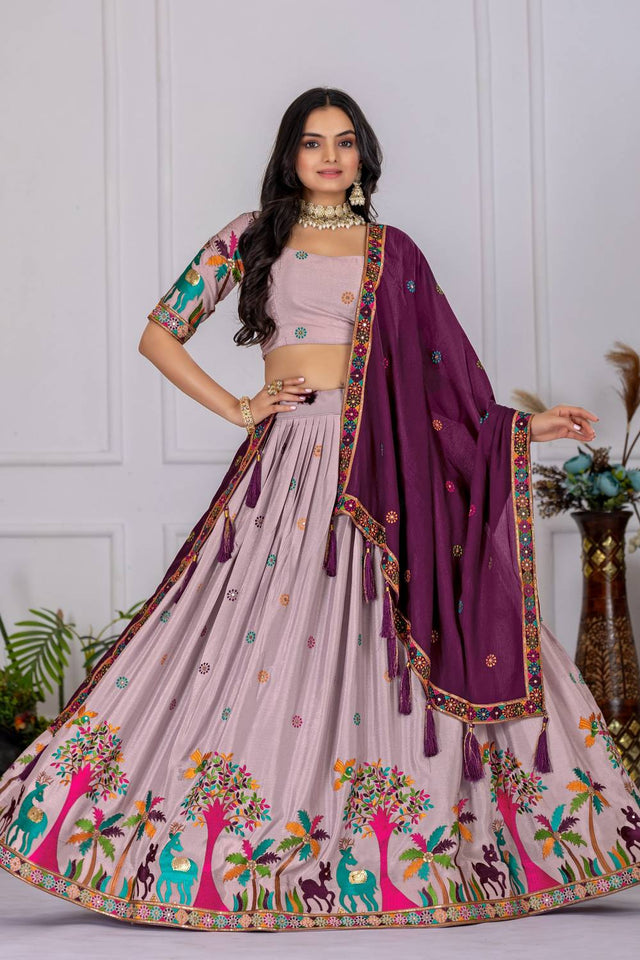 Lavender Floral Embroidered Chinon Silk Lehenga