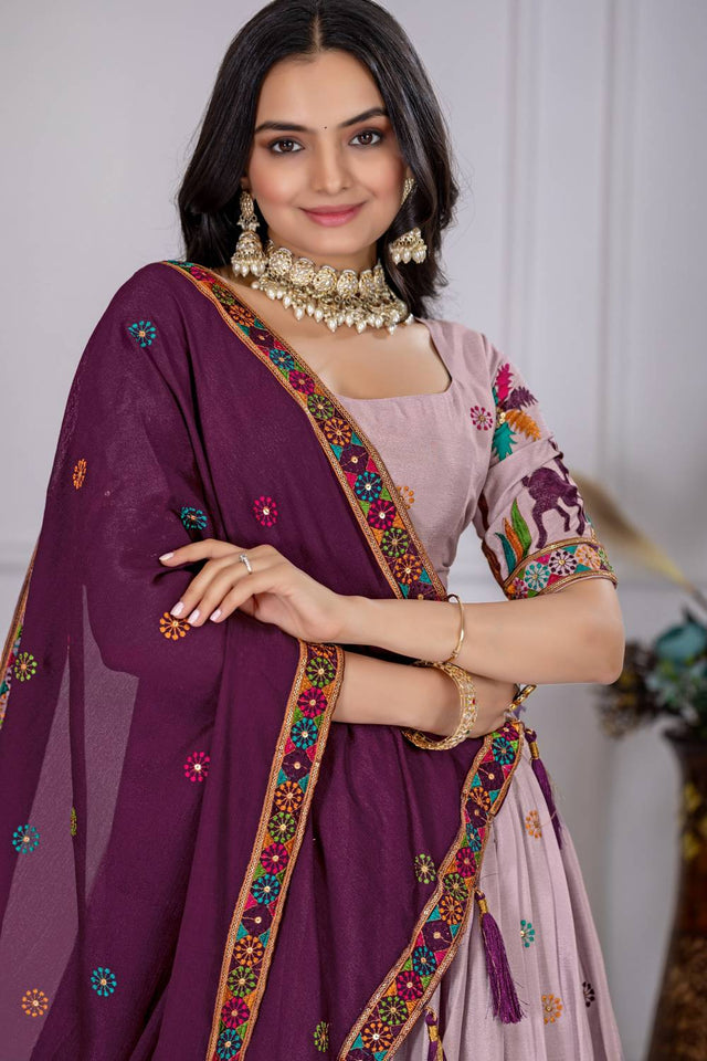 Lavender Floral Embroidered Chinon Silk Lehenga