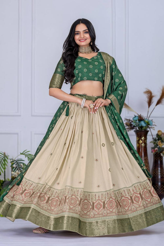 Green Floral Embroidered Lichi Fabric With Jacquard Border Lehenga