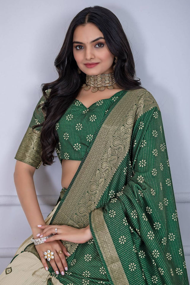 Green Floral Embroidered Lichi Fabric With Jacquard Border Lehenga