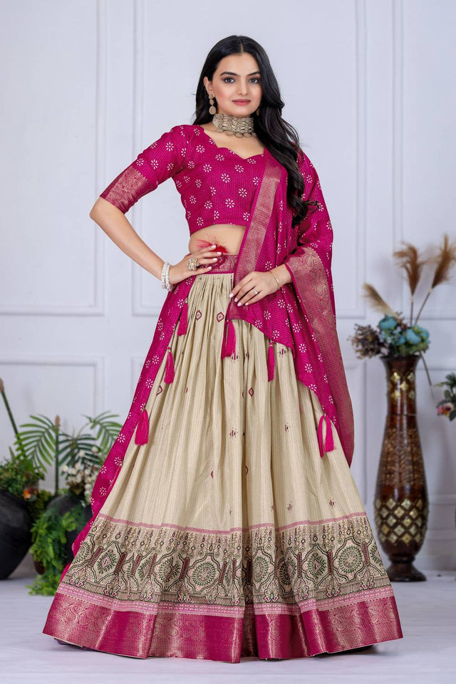 Pink Floral Embroidered Lichi Fabric With Jacquard Border Lehenga
