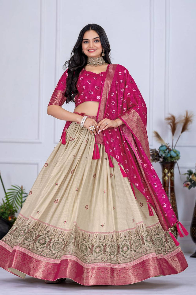 Pink Floral Embroidered Lichi Fabric With Jacquard Border Lehenga