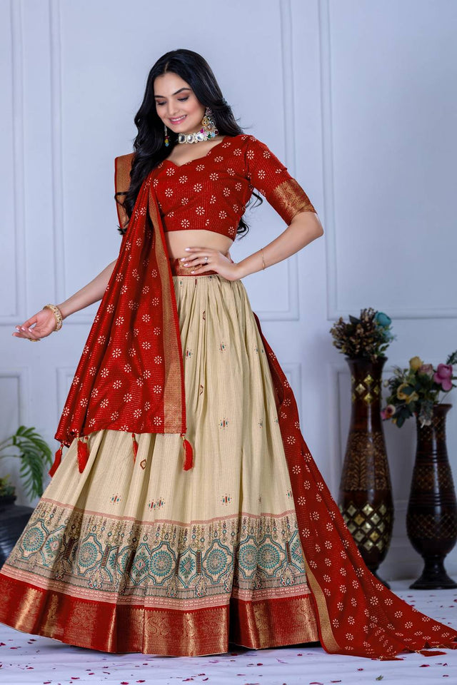 Red Floral Embroidered Lichi Fabric With Jacquard Border Lehenga