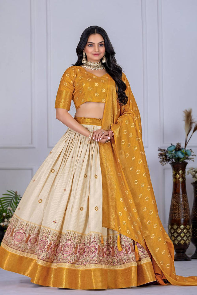 Yellow Floral Embroidered Lichi Fabric With Jacquard Border Lehenga