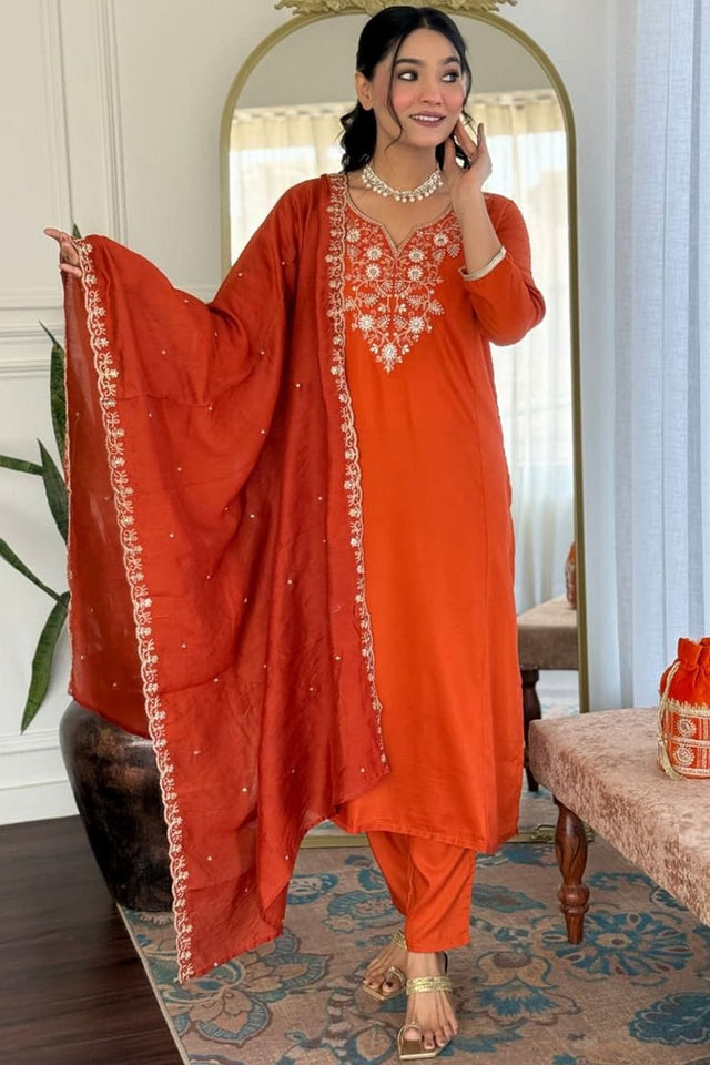Orange Floral Embroidered Viscose Kurti Pant Set (MV-620-Orange)