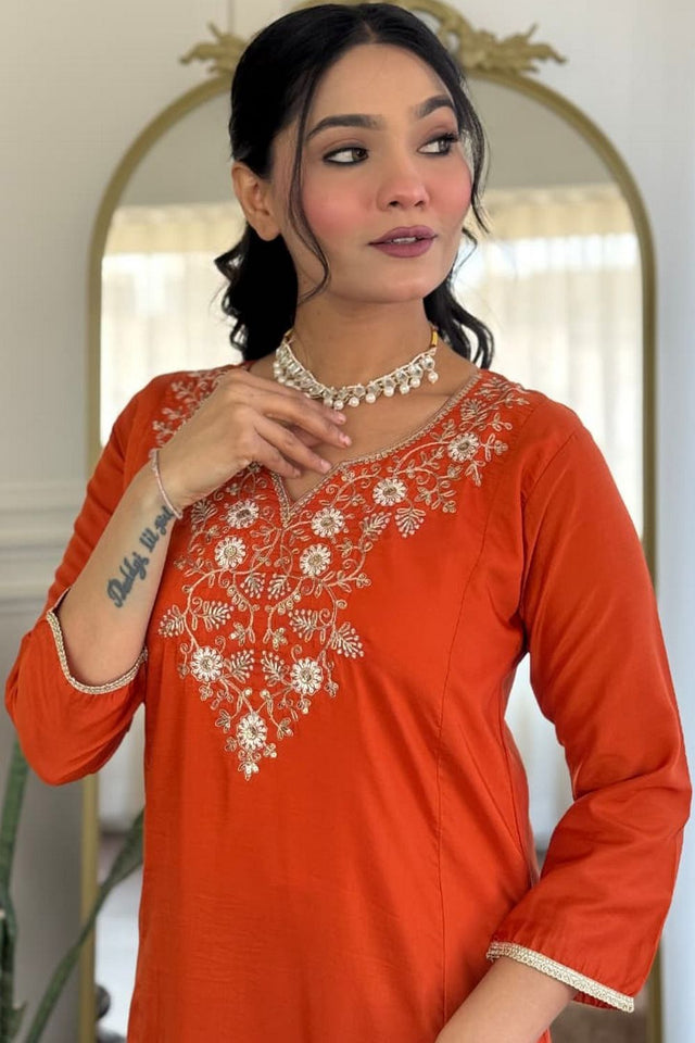 Orange Floral Embroidered Viscose Kurti Pant Set (MV-620-Orange)