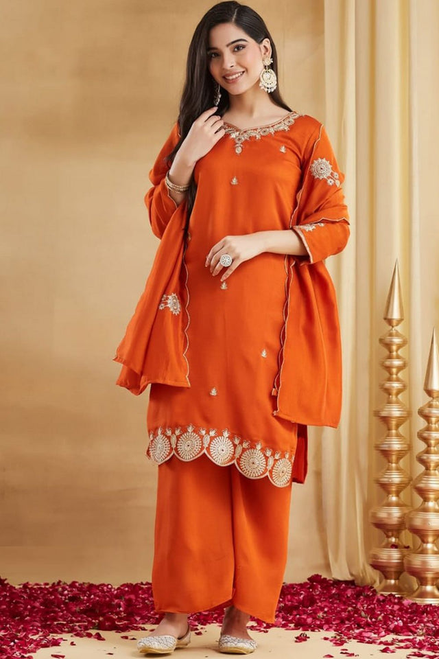 Orange Embroidered Silk Kurti Pant Set (MV-657)