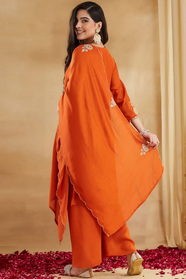 Orange Embroidered Silk Kurti Pant Set (MV-657)