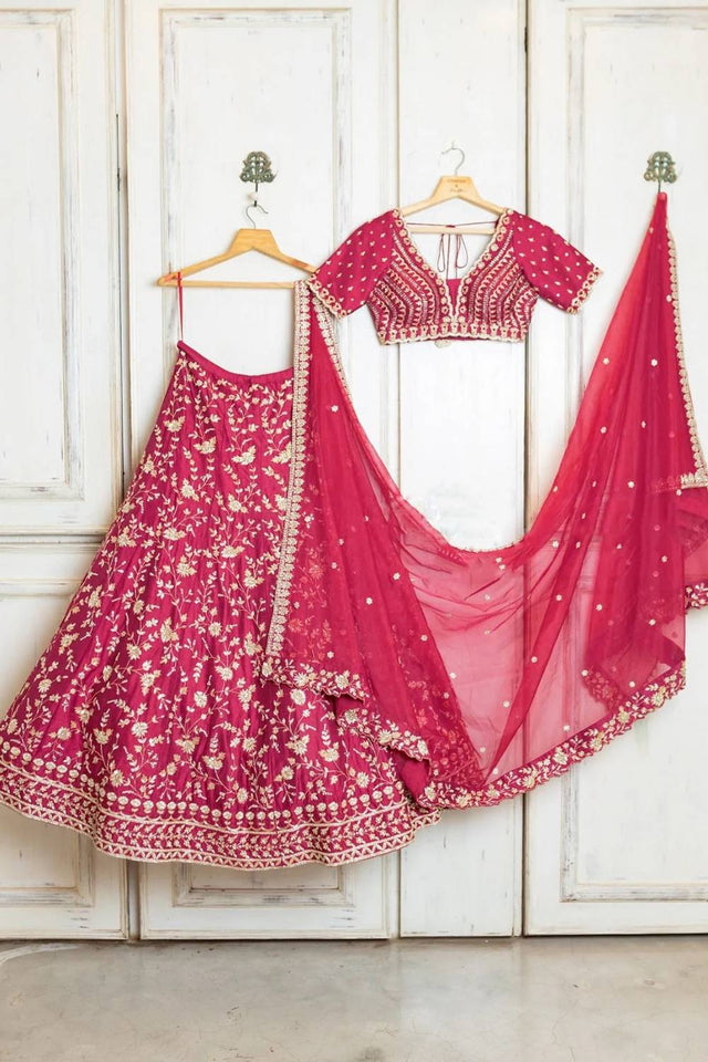 Pink Floral Embroidered Silk Lehenga