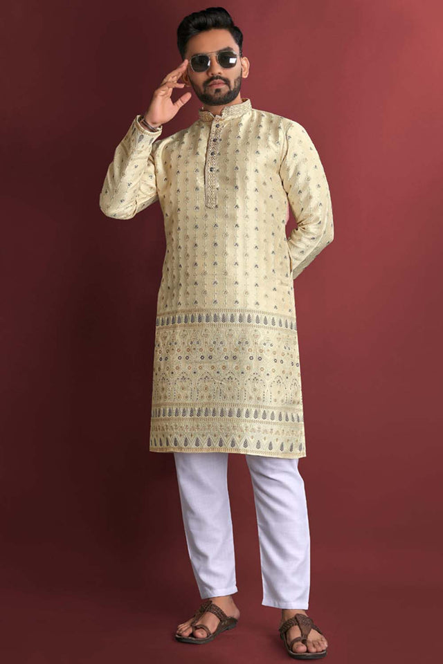 Beige Floral Silk Men's Kurta Set