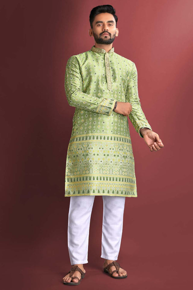 Green Floral Silk Men's Kurta Set