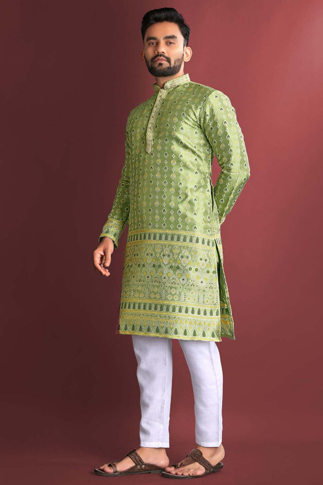 Green Floral Silk Men's Kurta Set