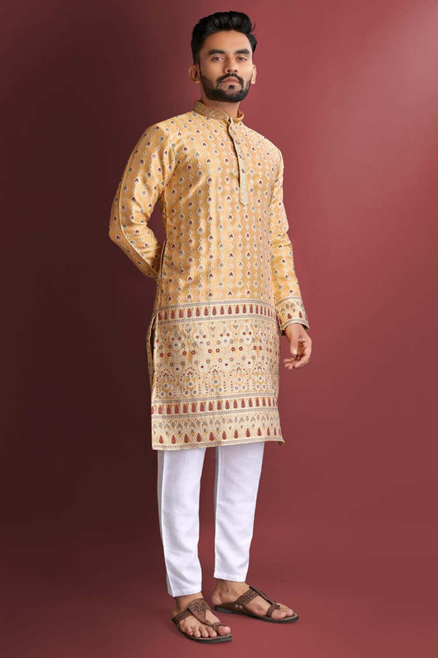 Yellow Floral Silk Men's Kurta Set