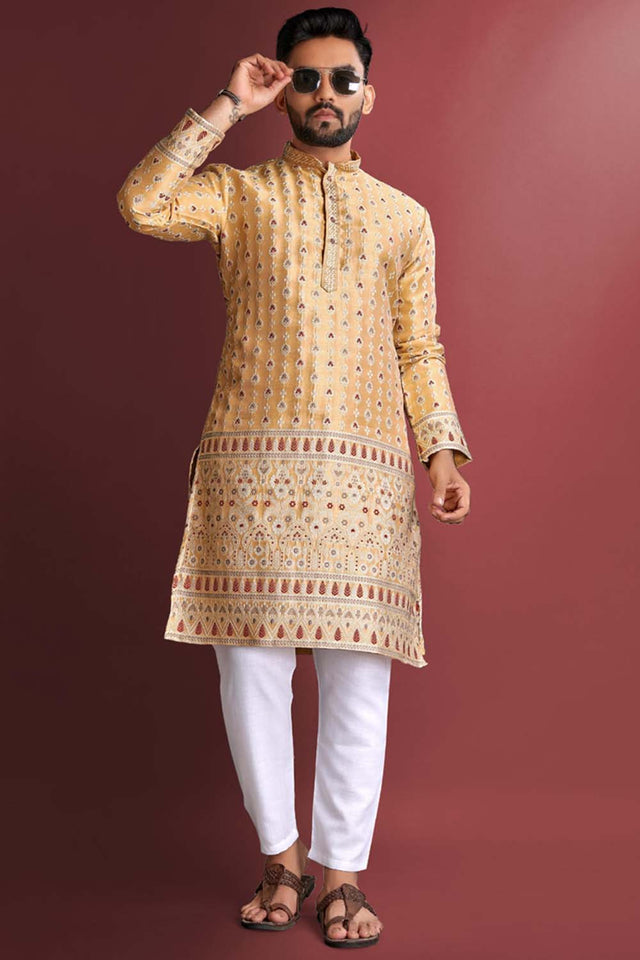 Yellow Floral Silk Men's Kurta Set