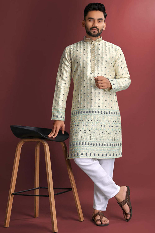 White Floral Silk Men's Kurta Set
