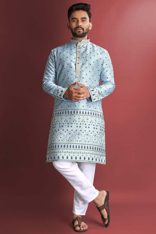 Blue Floral Silk Men's Kurta Set