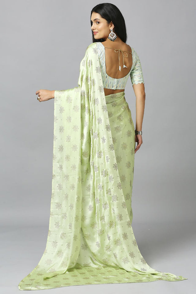 Lime Chiffon Resham Embroidery Party Wear Designer Saree