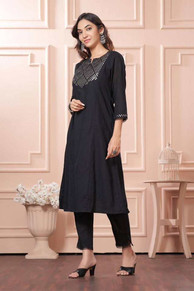 Black Mirror Sequin Cotton Kurti Pant Set