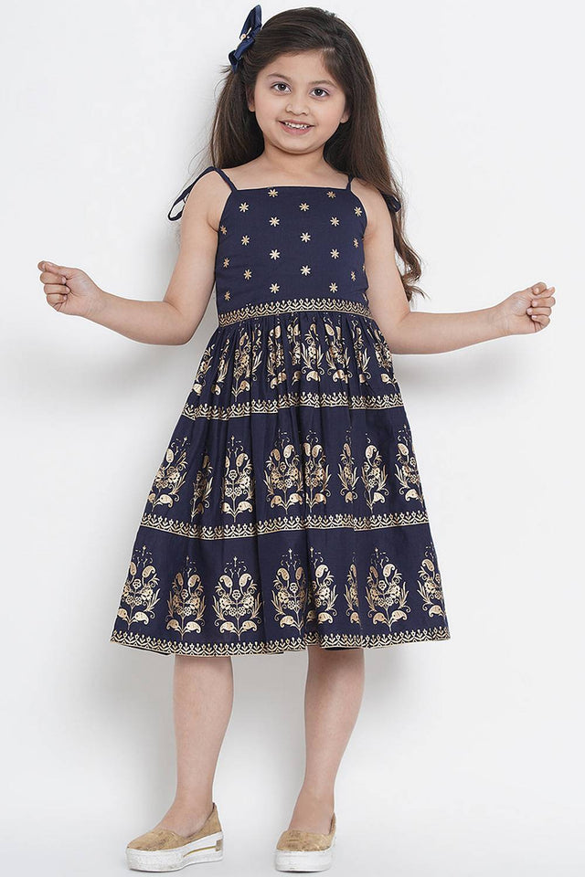 Girl's Navy Blue Foil Printed Cotton Dress