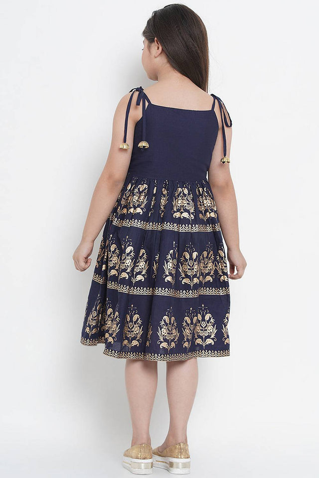 Girl's Navy Blue Foil Printed Cotton Dress