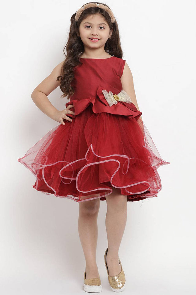 Girl's Maroon Solid Silk Dress