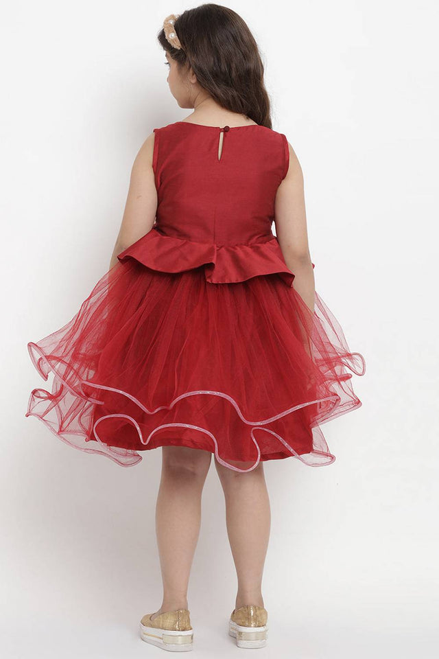 Girl's Maroon Solid Silk Dress