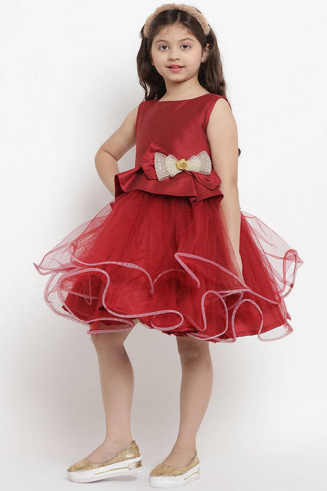 Girl's Maroon Solid Silk Dress