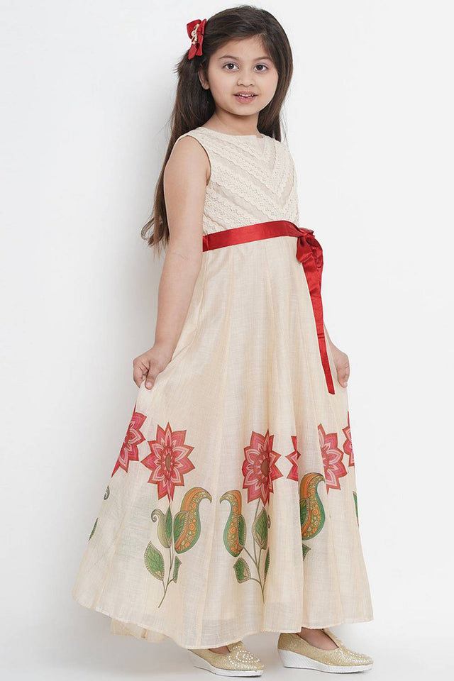 Girl's Beige Floral Printed Cotton Dress