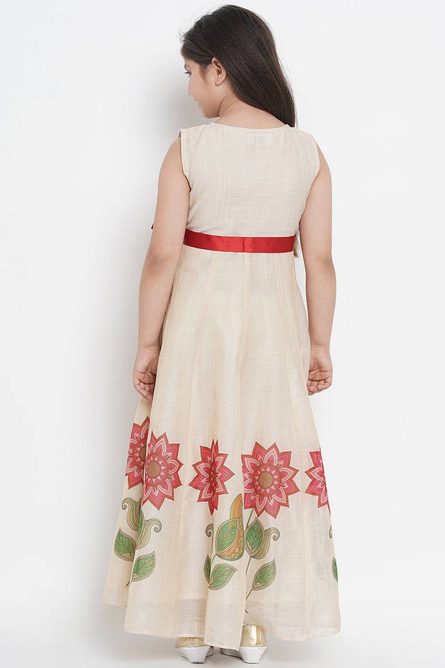 Girl's Beige Floral Printed Cotton Dress