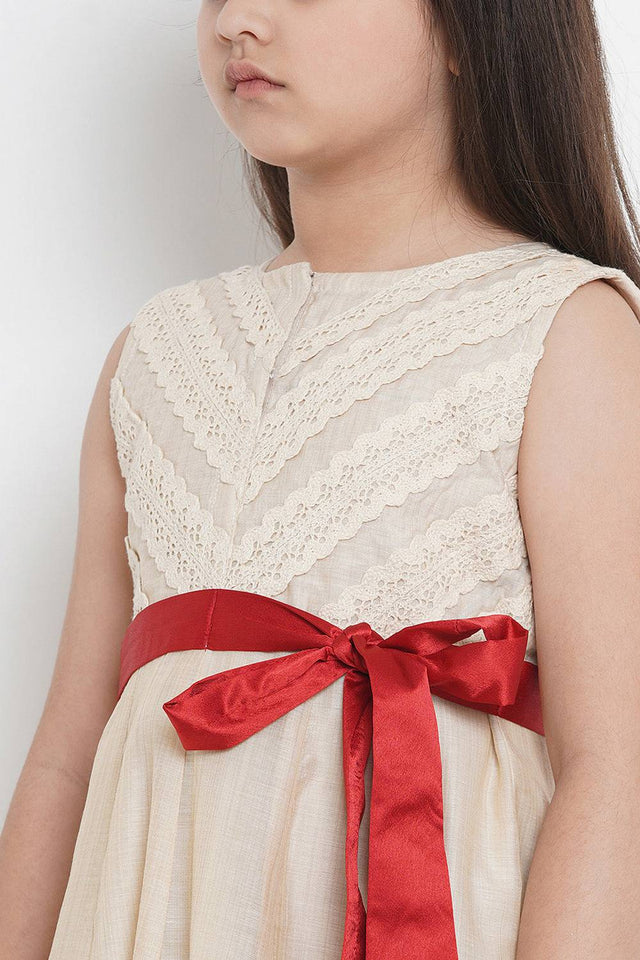 Girl's Beige Floral Printed Cotton Dress