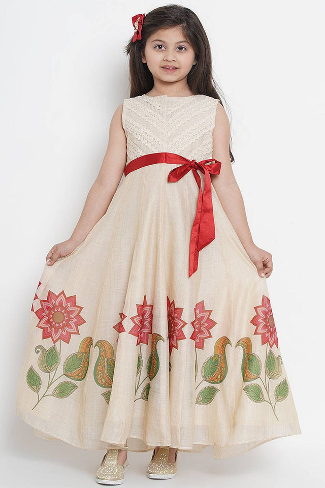 Girl's Beige Floral Printed Cotton Dress