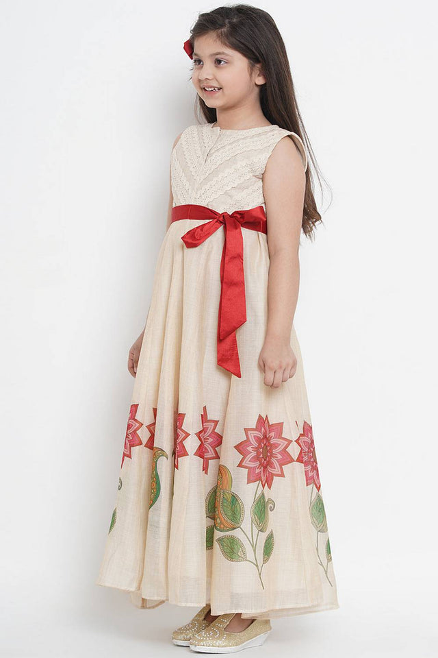 Girl's Beige Floral Printed Cotton Dress