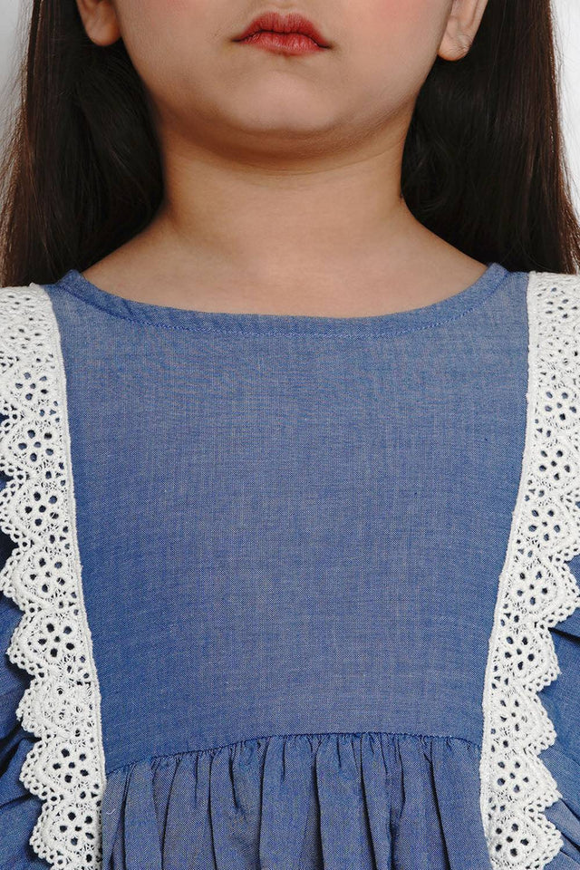 Girl's Blue Solid Flared Cotton Flared Dress