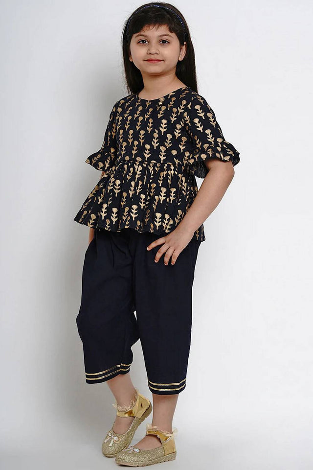 Girl's Blue Printed Cotton Kurta Set