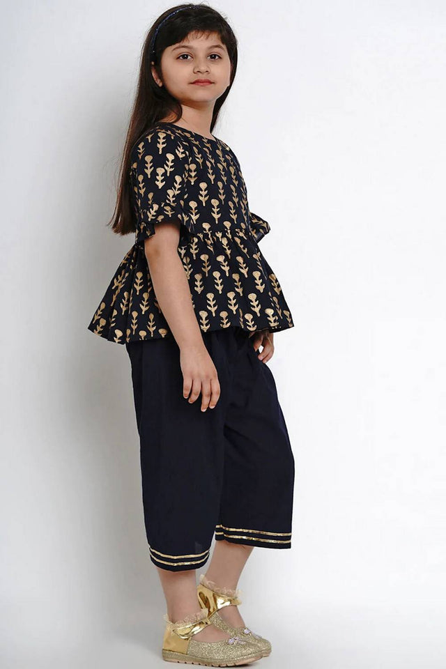 Girl's Blue Printed Cotton Kurta Set