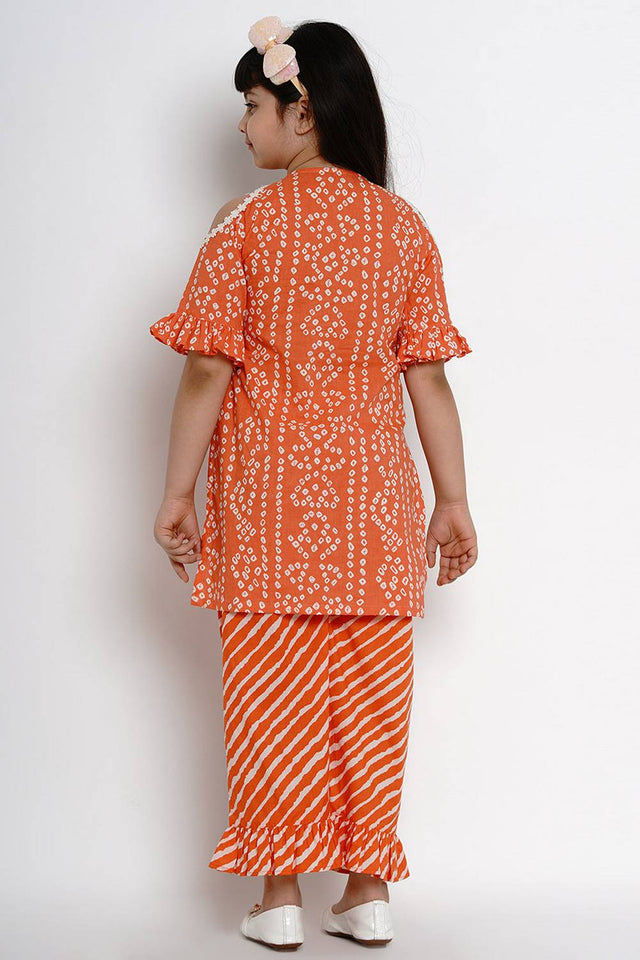 Girl's Orange Bandhani Printed Cotton Kurta Set