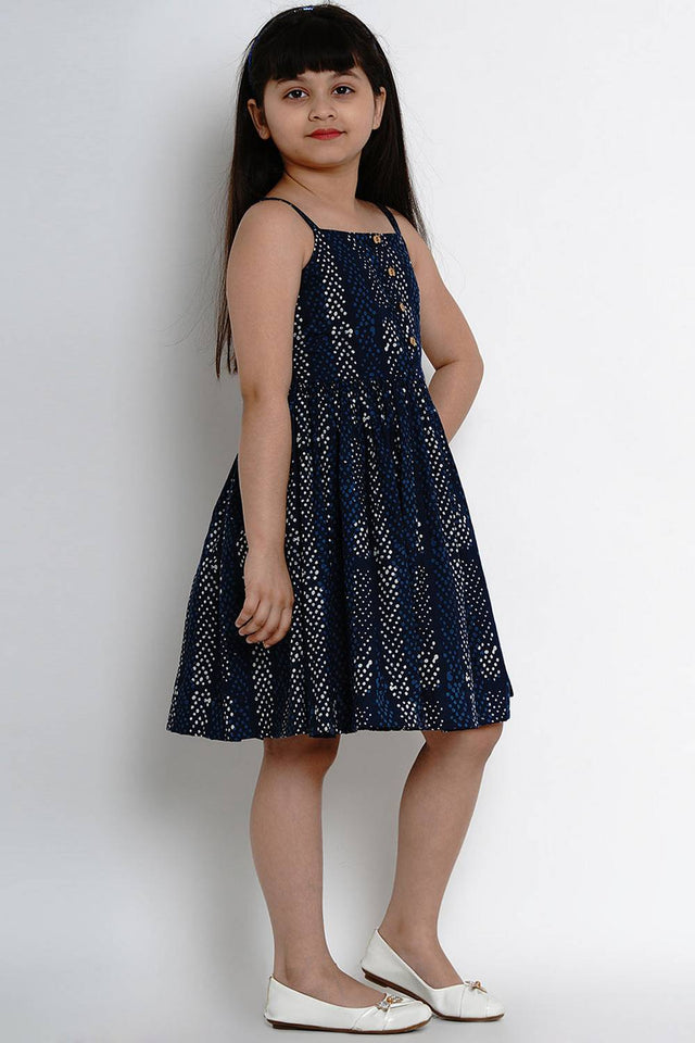 Girl's Blue Printed Cotton Dress