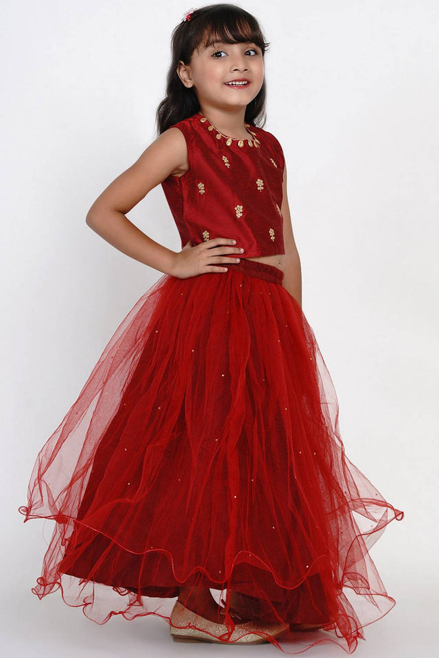 Girl's Maroon Embroidered Net Lehenga